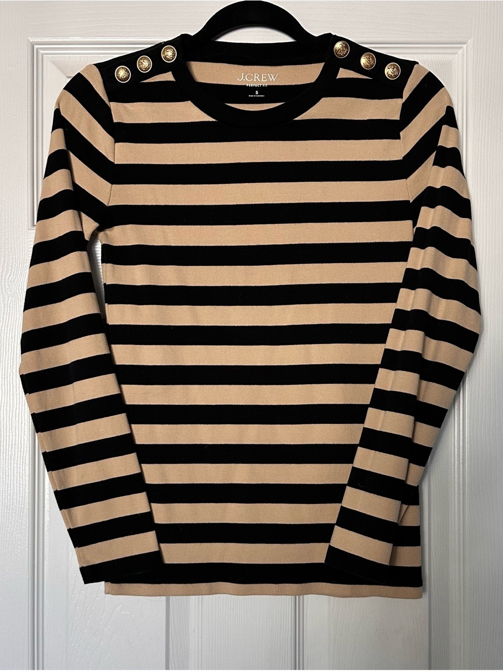 J. Crew Black and Beige Striped Long Sleeve Top with Gold Buttons